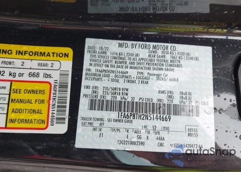 2022 Ford Mustang Ecoboost Premium Fastback z USA, uszkodzony, nr VIN 1FA6P8TH2N5144669